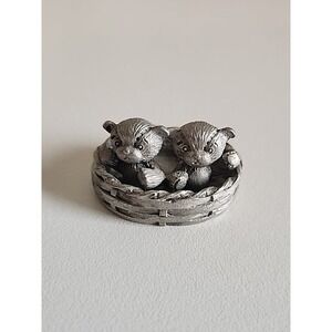 Vtg Spoontiques 1982 Pewter Teddy Bears in Basket Dollhouse Miniature 1 1/4"